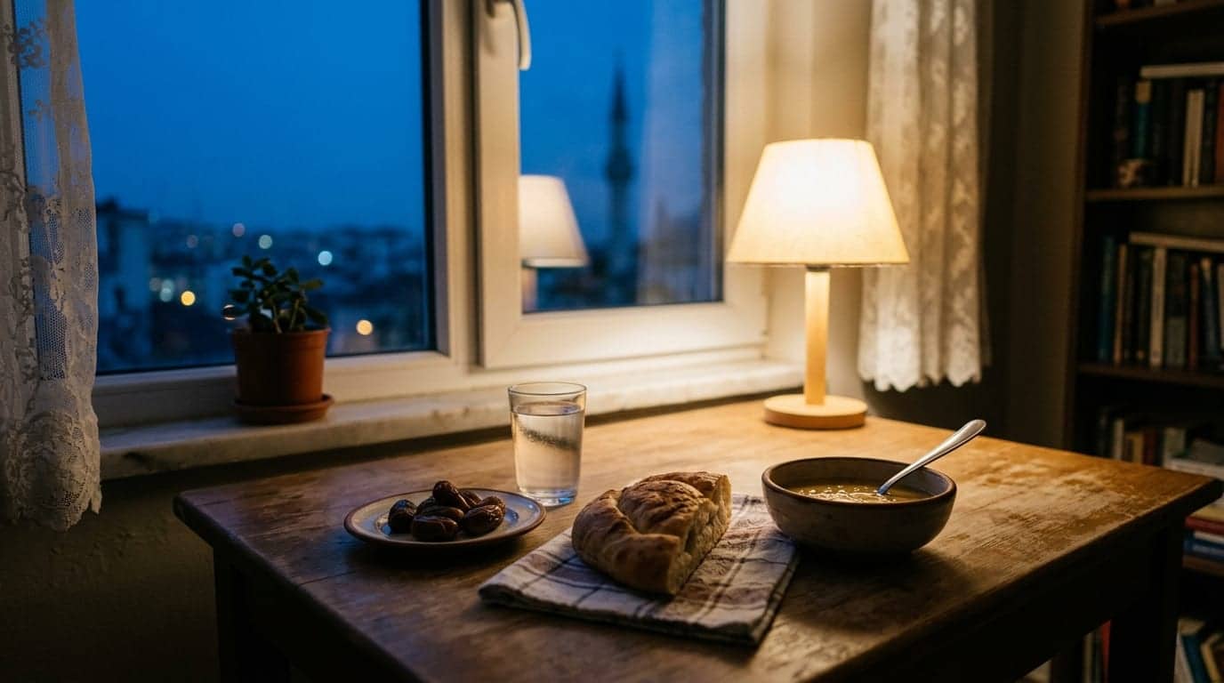 Şafak öncesi sahur sofrası: hurma, su bardağı ve ekmek, pencereden mavi saat ışığı