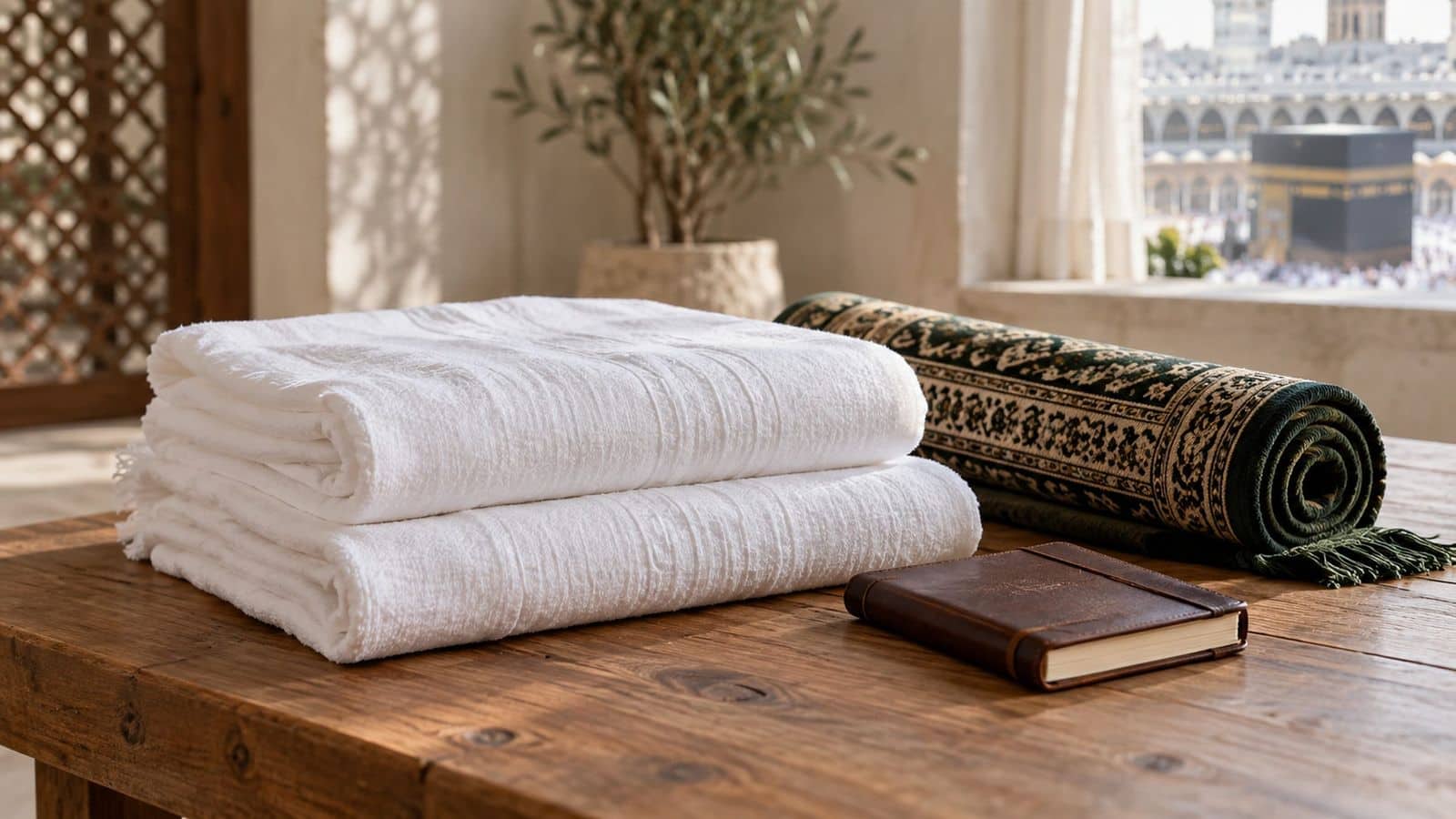 Ahşap masada katlanmış beyaz ihram örtüleri, rulo seccade ve deri defter; pencerede Kâbe