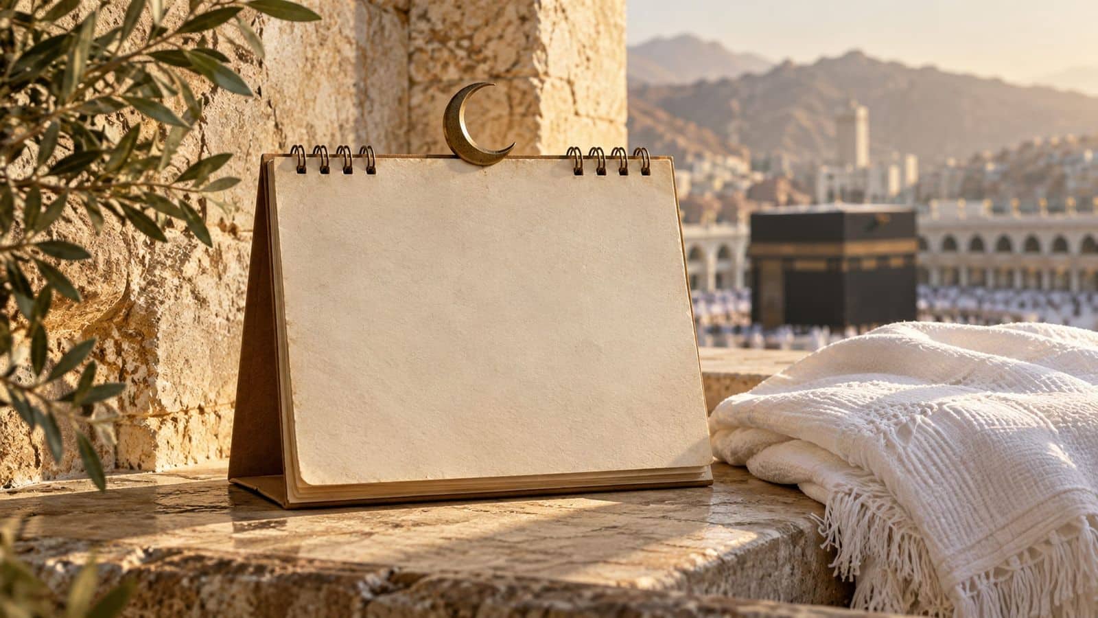 Hilal süslü boş masa takvimi ve beyaz ihram; arkada bulanık Kâbe ve Mescid-i Haram