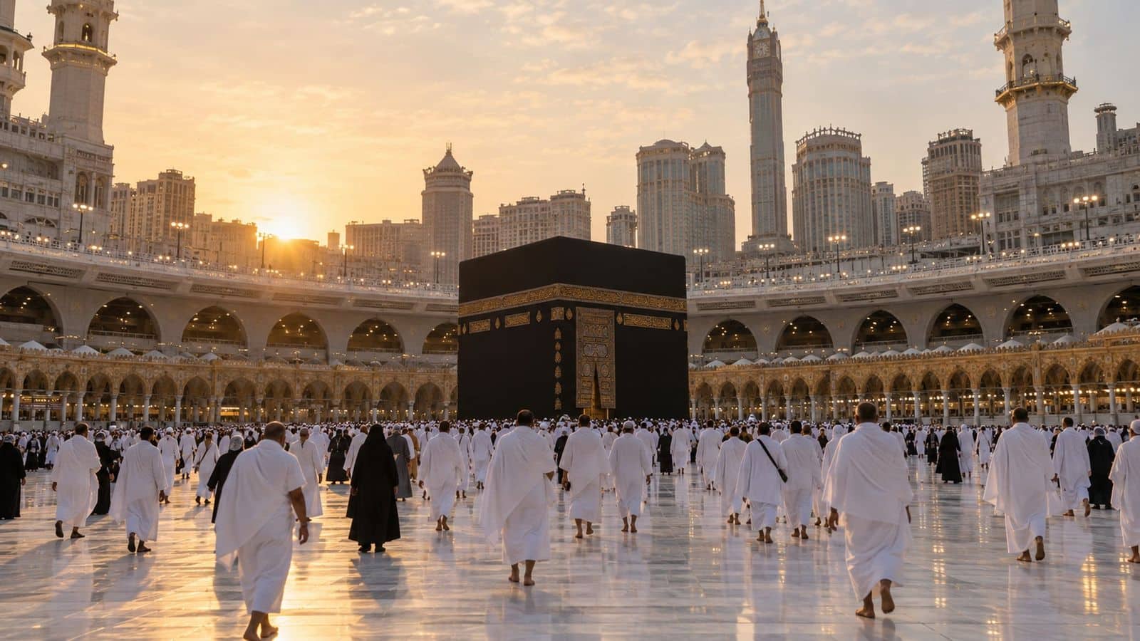 Şafak vakti Mescid-i Haram avlusunda beyaz ihramlarla Kâbe'ye yürüyen umre yolcuları