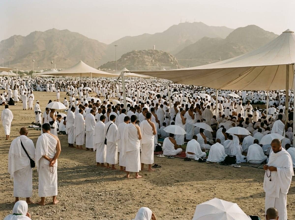 Arafat'ta öğleden sonra beyaz şemsiyeler altında dinlenen hacılar