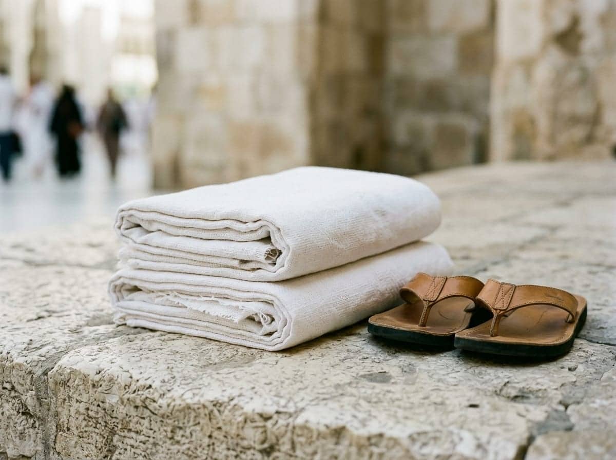 Beyaz, dikişsiz iki parça ihram örtüsü ve sandaletler