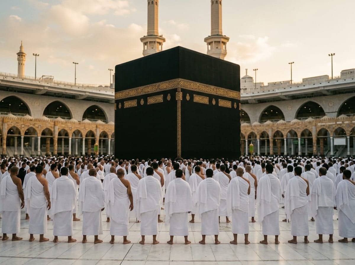 Mescid-i Haram'da Kâbe, siyah örtüsü ve altın işlemeli kuşağıyla