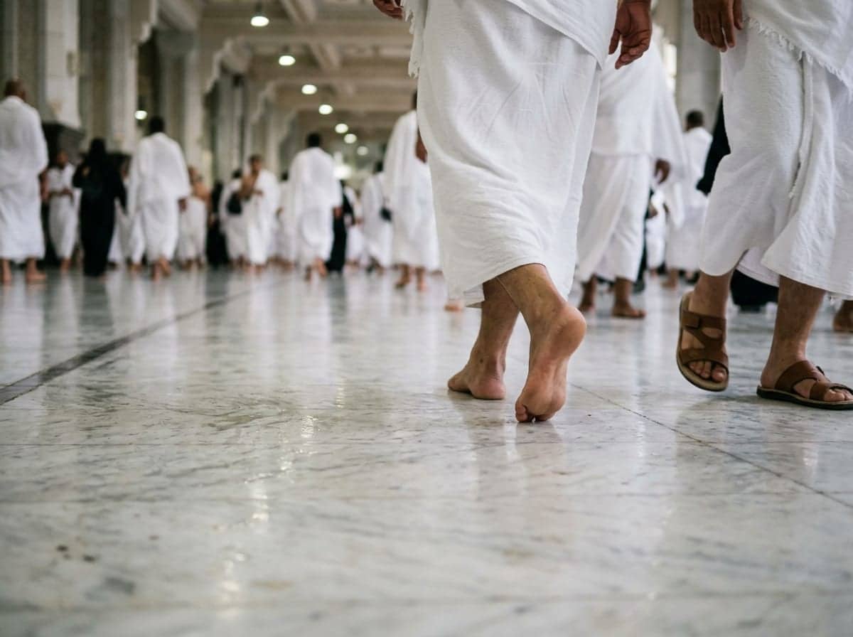 Mesâ koridorunun mermer zemininde yürüyen hacıların ayakları