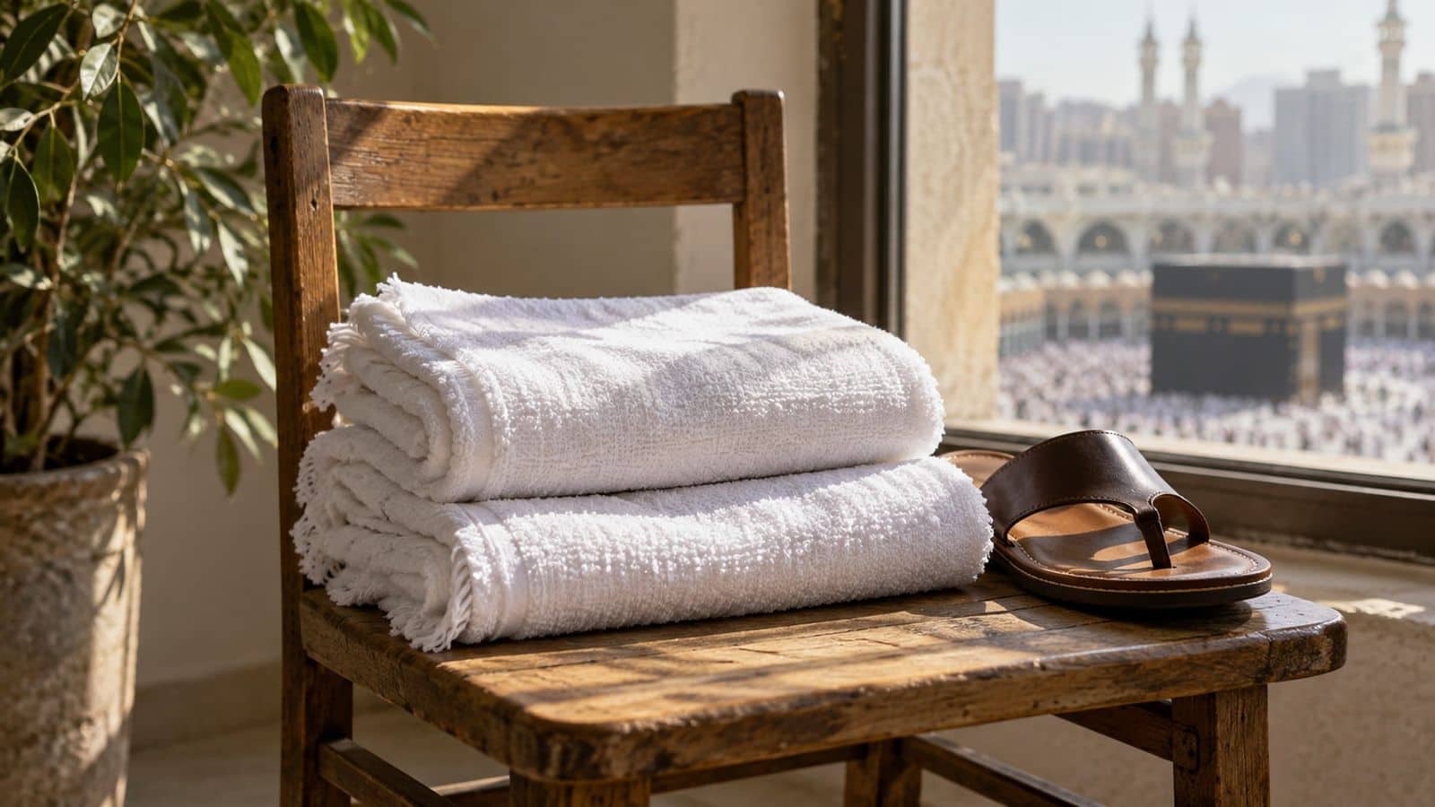 Ahşap sandalyede katlı iki parça havlu ihram ve deri terlik; pencerede Kâbe
