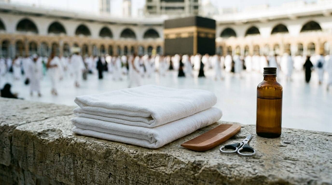 Taş sekide katlanmış ihram, yanına bırakılmış tarak ve makas