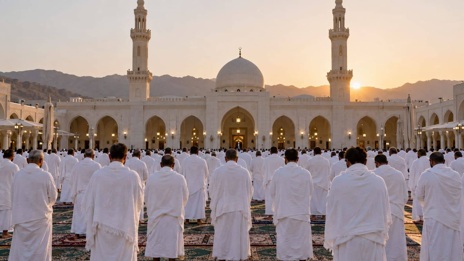 Mîkat mescidinin avlusunda halılar üzerinde namaz için saf tutmuş beyaz ihramlı hacılar, arkadan görünüm