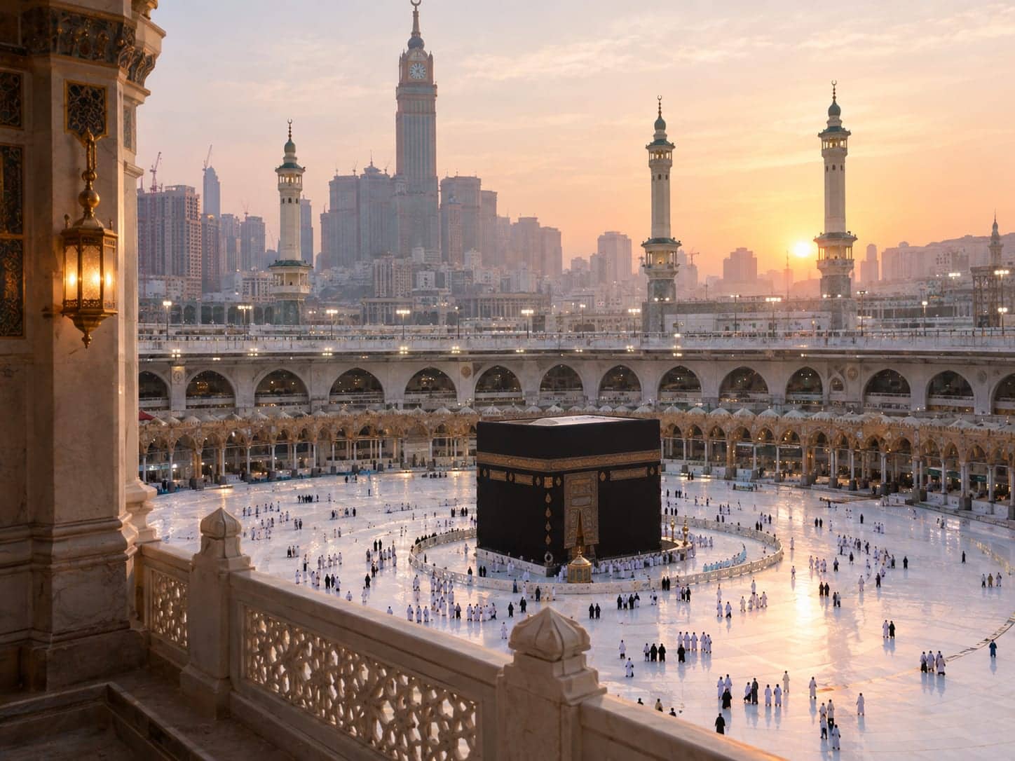 Gün batımında Mescid-i Haram, Kâbe ve Mekke silueti