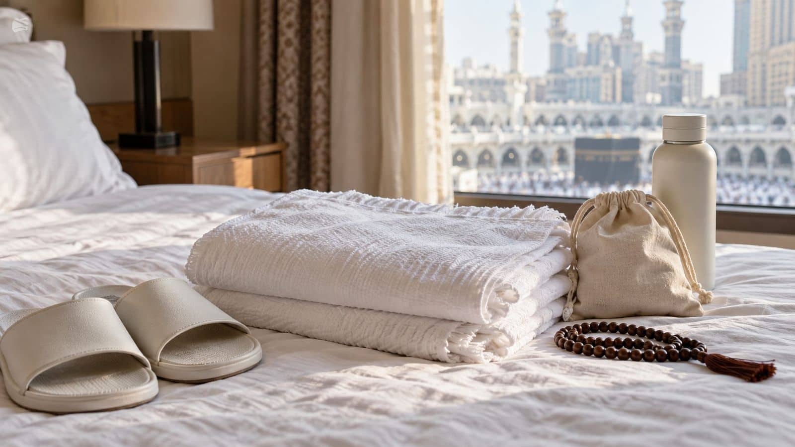 Yatak üzerine düzenlenmiş katlı beyaz ihram örtüsü, terlik, küçük bez çanta ve tespih