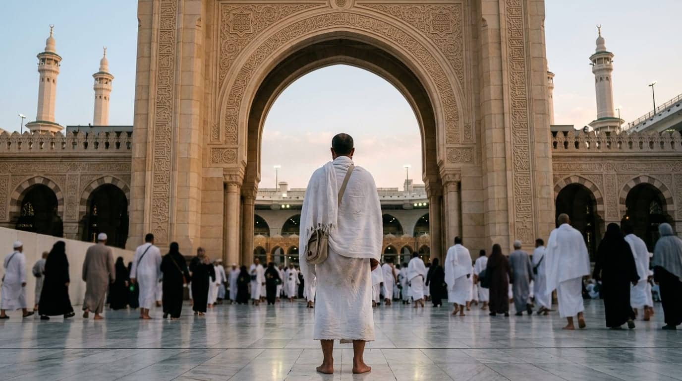 Şafakta Mescid-i Haram kapısına bakan ihramlı bir kişi, arkadan