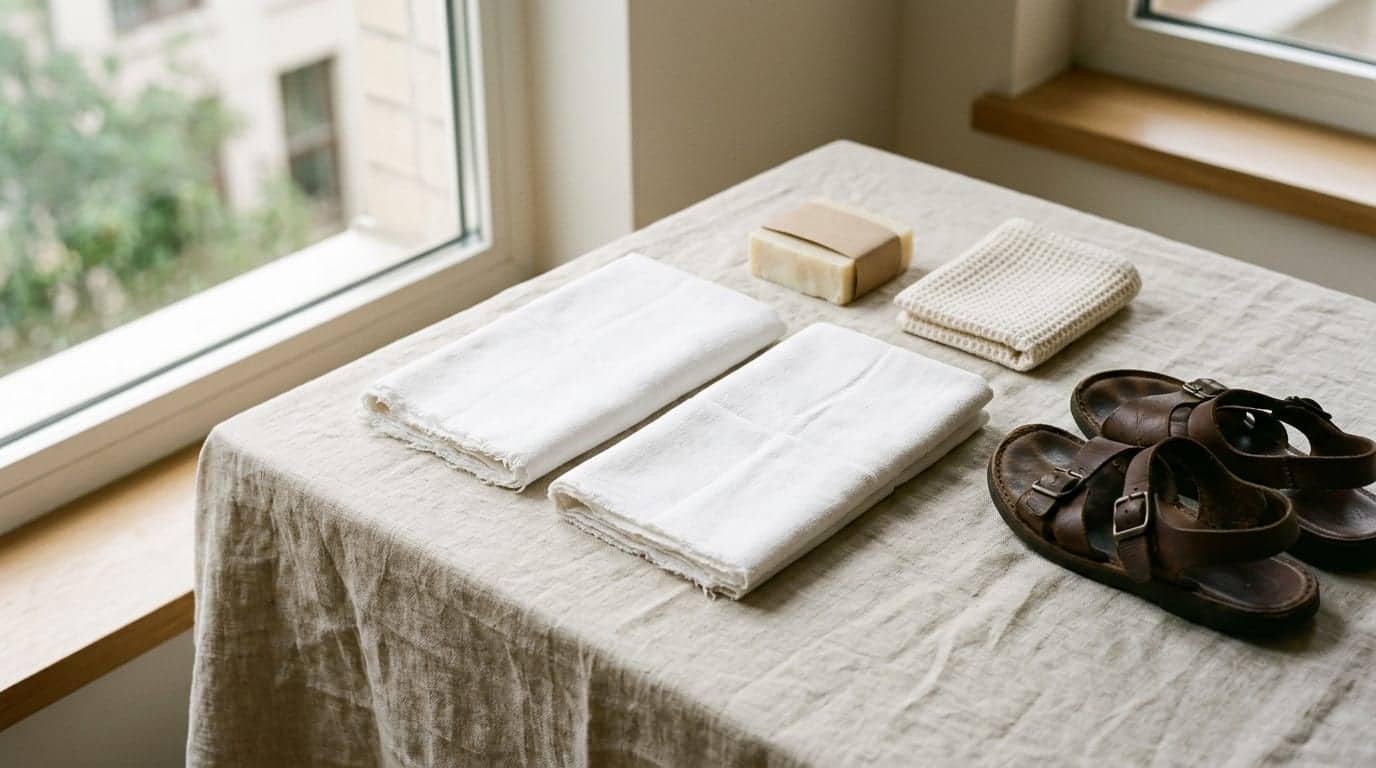Katlanmış beyaz ihram örtüleri, sade sandaletler ve kokusuz sabun