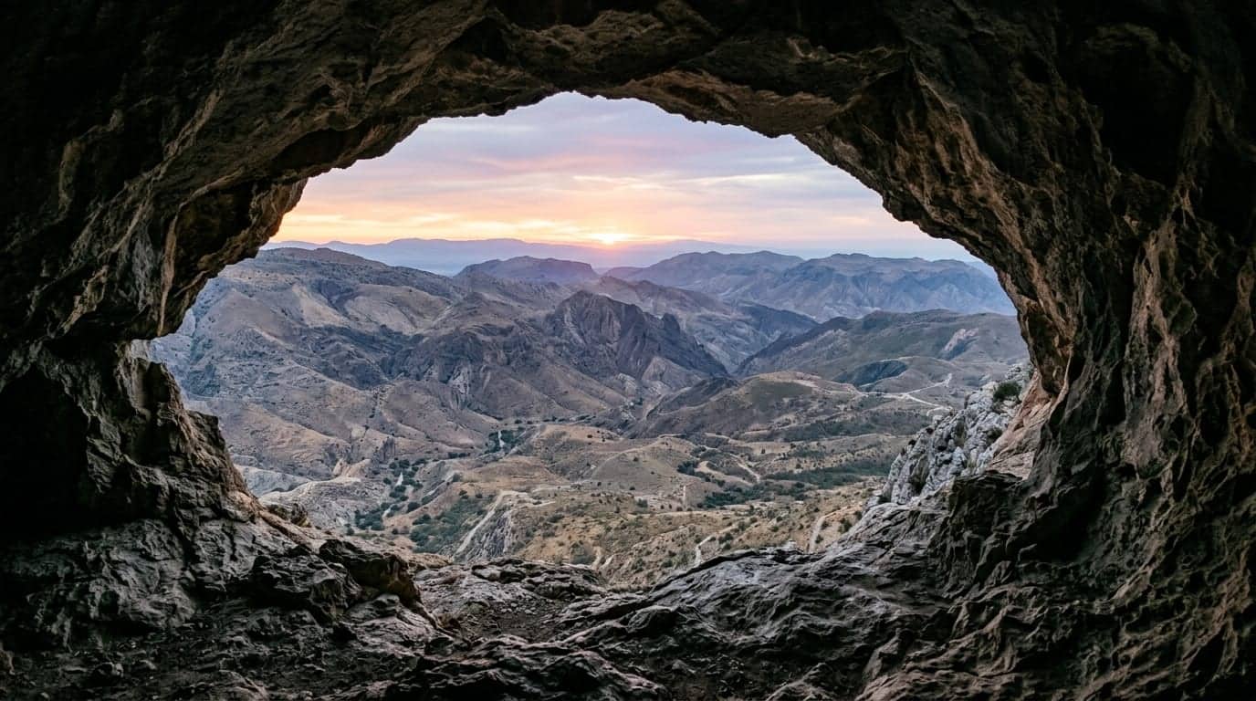 Şafakta dağdaki mağara ağzından görünen vadi